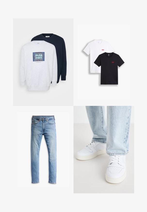 Dvé crewneck mikiny: jedna svetlosivá s grafickým potlačou a druhá v námorníckej modrej. Obe sú vyrobené z mäkkého materiálu s pruhovanými manžetami.; Dvoje tričiek s krátkymi rukávmi: jedny biele a jedny čierne. Obe z bavlny s červeným logom Levi's na hrudi. Jednoduchý dizajn s okrúhlym výstrihom.; Svetlomodré džínsy s rovnými nohavicami, piatimi vreckami, zapínaním na gombík a jemným vyblednutím po celej látke.; Biele kožené nízke tenisky s perforovanou špičkou, plochými šnúrkami a minimalistickým dizajnom. Skombinované s svetlomodrými džínsami.