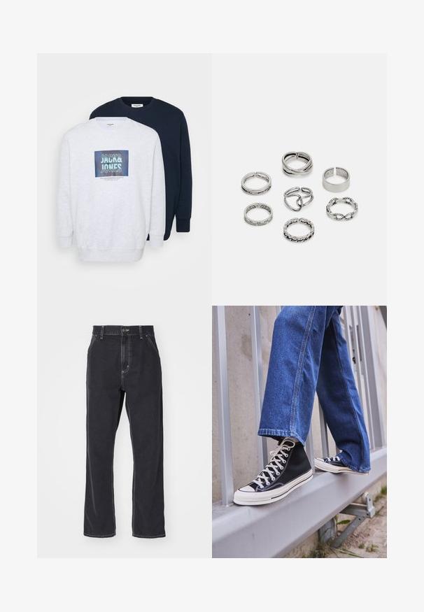 Dwie bluzy crewneck: jedna w jasnoszarym kolorze z nadrukiem graficznym, a druga w granatowym. Obie wykonane są z miękkiego materiału z ściągaczami przy mankietach.; Czarne dżinsy z prostymi nogawkami, z zamkiem błyskawicznym, pięcioma kieszeniami oraz kontrastowym przeszyciem wzdłuż szwów.; Czarne sneakersy za kostkę z białą podeszwą i sznurówkami, w połączeniu z luźnymi niebieskimi dżinsami, opierające się na szarym balustradzie.; Zestaw siedmiu srebrnych pierścionków o różnych wzorach, w tym skręconych, połączonych i grawerowanych. Różne kształty i szerokości.