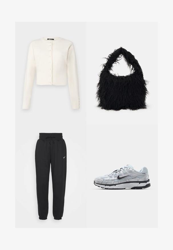 Gina Tricot CARDIGAN - Casaco de malha - gardenia; Calças de jogging pretas feitas de uma mistura suave de algodão, com uma cintura elástica com cordão e punhos elásticos. Logotipo da Nike na coxa esquerda.; Ténis Nike P-6000 com um cabedal em malha cinza claro, detalhes em preto e uma sola de borracha preta durável. Apresenta um design intrincado e um sistema de atacadores.; Even&Odd Saco de mão - black