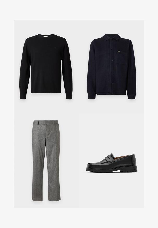 Schwarzer, langärmeliger Rundhals-Pullover mit dezentem "cK"-Logo auf der linken Brust, gerippte Bündchen und Saum, auf weißem Hintergrund präsentiert.; Marineblaue, strukturierte Hemdjacke aus weichem Stoff, mit Kragen, Knopfleiste, langen Ärmeln und einer gestickten Tasche mit Logo.; Graue maßgeschneiderte Hose aus einem strukturierten Stoff, gerade Passform, mit Fronttaschen und flachem Bund. Keine sichtbaren Verschlüsse.; Schwarze Lederloafer verfügen über eine erhöhte Naht, zwei dekorative Riemen im oberen Bereich und eine dicke, strukturierte Sohle für zusätzlichen Halt.