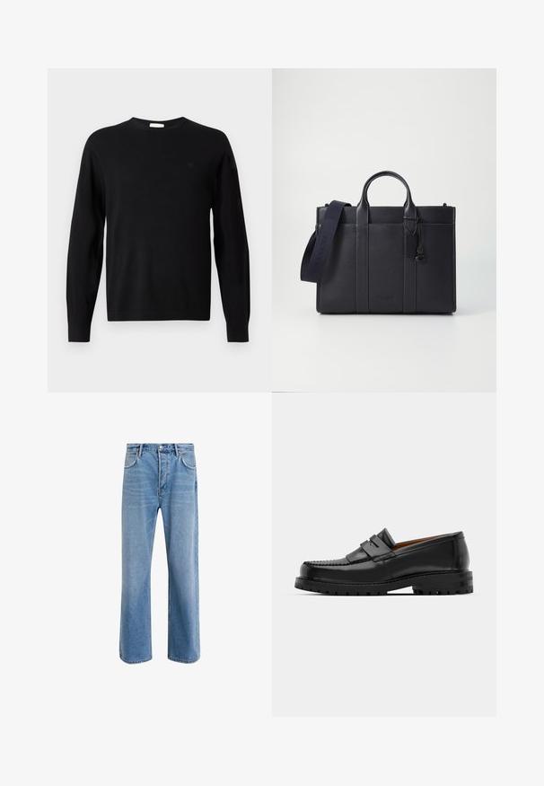 Black long-sleeve crewneck sweater with subtle "cK" logo on left chest, ribbed cuffs and hem, displayed on white background.; Light blue denim jeans with a straight-leg design, five pockets, button closure, minimal fading, and contrasting stitching details.; Black leather loafers feature a raised seam, two decorative straps on the upper, and a thick textured sole for added grip.; Dark navy leather briefcase with dual top handles and a detachable strap. Features textured finish, vertical stitching, and logo detail.