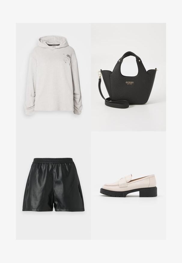 Světlé šedé mikiny vyrobené z měkkého materiálu, s přední kapsou, širokými rukávy a grafickým designem na levé části hrudi.; Černé kraťasy z umělé kůže s elastickým pasem, s hladkou texturou a volně střiženým designem. Žádné viditelné vzory ani akcenty.; Světlobéžové kožené mokasíny se střiženým předním dílem a texturovaným černým platformovým podpatkem. Obsahují zakřivený design a mírné zvýšení.; Černá texturovaná kabelka s krátkými uchy a odnímatelným ramenním popruhem. Obsahuje zlatý akcent s logem. Kompaktní, strukturovaný tvar.