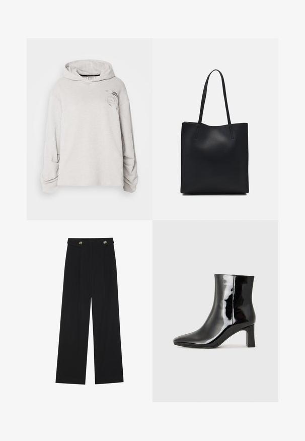 Lys grå hettegenser laget av mykt materiale, med en frontlomme, brede ermer og et grafisk design på venstre brystområde.; Svart vide bukser med høy midje, knappdetaljer på midjebåndet og frontplisser.; Sorte patentlær ankle boot med spiss tå og en mellomhøy blokkhelt. Glatt tekstur og minimalistisk design.; Svart lær tote bag med glatt tekstur, rektangulær form og to lange håndtak. Ingen synlige deler eller dekorasjoner.