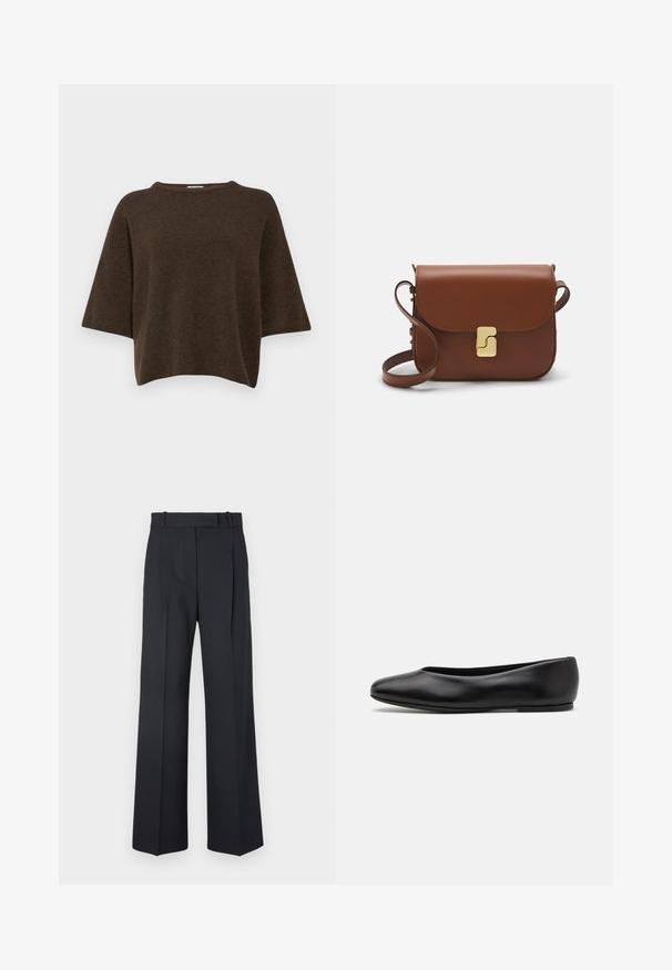 Filippa K TEE - Jersey de punto - driftwood; Pantalones oscuros de rayas con un diseño de cintura alta y pierna ancha, sin hardware o adornos visibles. Textura suave y ajuste entallado.; Paul Smith TOPANGA - Bailarinas - black; Bolso de mano de cuero marrón con cierre de solapa, herrajes en tono dorado, correa para el hombro y una textura suave. Forma rectangular compacta.
