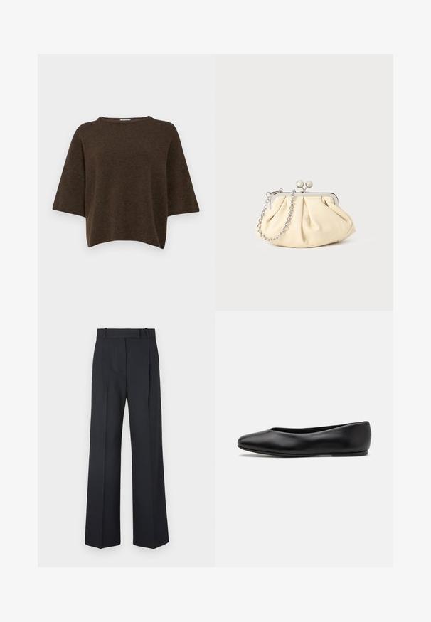Filippa K TEE - Maglione - driftwood; Pantaloni a righe blu scuro con vita alta, design a gamba larga e senza hardware o decorazioni visibili. Tessuto liscio e vestibilità sartoriale.; Paul Smith TOPANGA - Ballerine - black; Clutch in pelle beige plissettata con una struttura in metallo argento, dotata di due chiusure decorative rotonde e una tracolla in catena argentata.