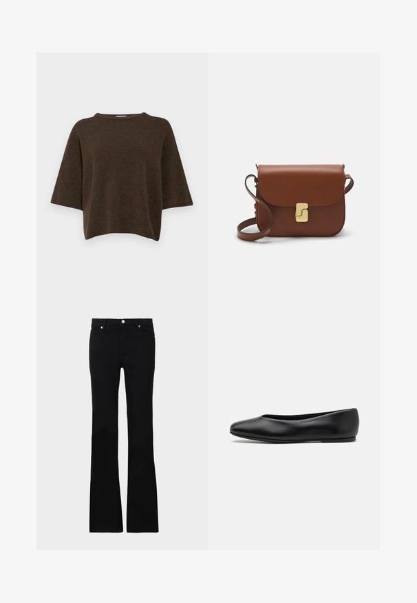 Filippa K TEE - Jumper - driftwood; Black flared jeans made of denim, featuring two front pockets, a button closure, and a smooth texture. Signature stitching visible at seams.; Paul Smith TOPANGA - Ballet pumps - black; Brown leather handbag with a flap closure, gold-tone hardware, a shoulder strap, and a smooth texture. Compact rectangular shape.