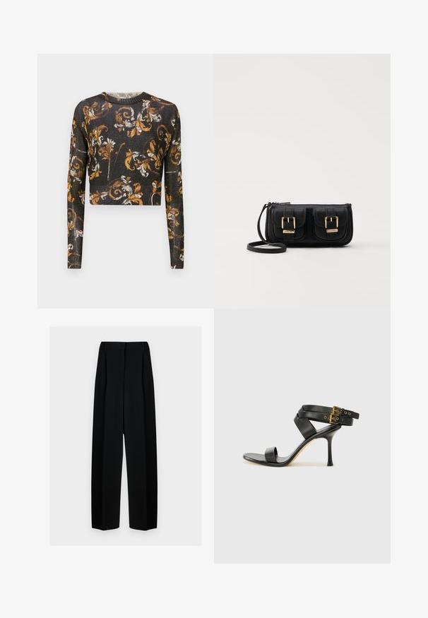Suéter preto curto com mangas longas, apresentando um padrão floral em dourado e branco, tecido texturizado com um leve brilho.; Calças largas pretas com uma cintura alta, apresentando pregas e uma textura suave. O tecido parece leve e cai elegantemente.; Sandal preto de salto alto com tiras cruzadas e fivela ajustável. Apresenta uma textura suave e um salto agulha afilado.; Bolsa de ombro em couro preto com dois bolsos frontais, fivelas douradas, fecho de zíper e uma alça fina. Superfície texturizada e forma retangular compacta.