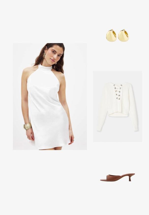 White cropped sweater made of ribbed knit fabric. Features a lace-up front with metal eyelets. Long sleeves and a wide, ribbed hem.; White halter-neck dress made of smooth fabric, featuring a slightly flared silhouette and a high neckline, accented with a metallic bracelet.; Brown open-toe heeled mules with a smooth, matte finish, featuring a curved design and a transparent, tapered heel.; Gold hoop earrings with a smooth, rounded design; polished surface and open closure, featuring a subtle seam for fastening.