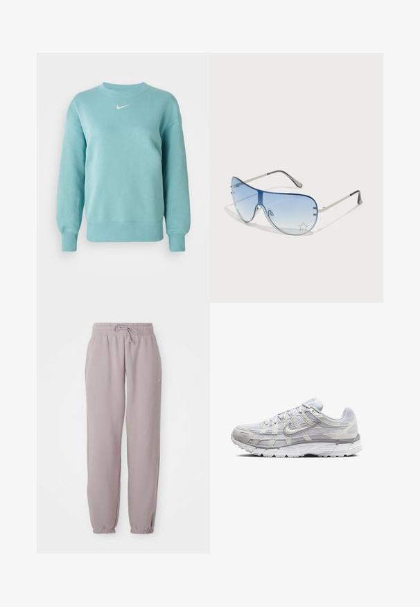 Svetlomodrý dlhý rukáv sveter s okrúhlym výstrihom, s rebrovanými manžetami a pásom, s malým bielym logom Nike swoosh umiestneným na strede hrudi.; Svetlomauve flísové tepláky s elastickým pásom, šnúrkou, bočnými vreckami a elastickými manžetami, zobrazené položené na bielom pozadí.; Svetlo šedé športové topánky s vrchom z ďalekého a syntetického materiálu, so šnurovacím uzáverom, polstrovaným golierom a štruktúrovanou podrážkou pre lepšiu priľnavosť.; Pilotné slnečné okuliare s prechodovým modrým sklom, strieborným kovovým rámom a ozdobnými hviezdičkovými akcentmi na sklách. Hladký a elegantný dizajn.