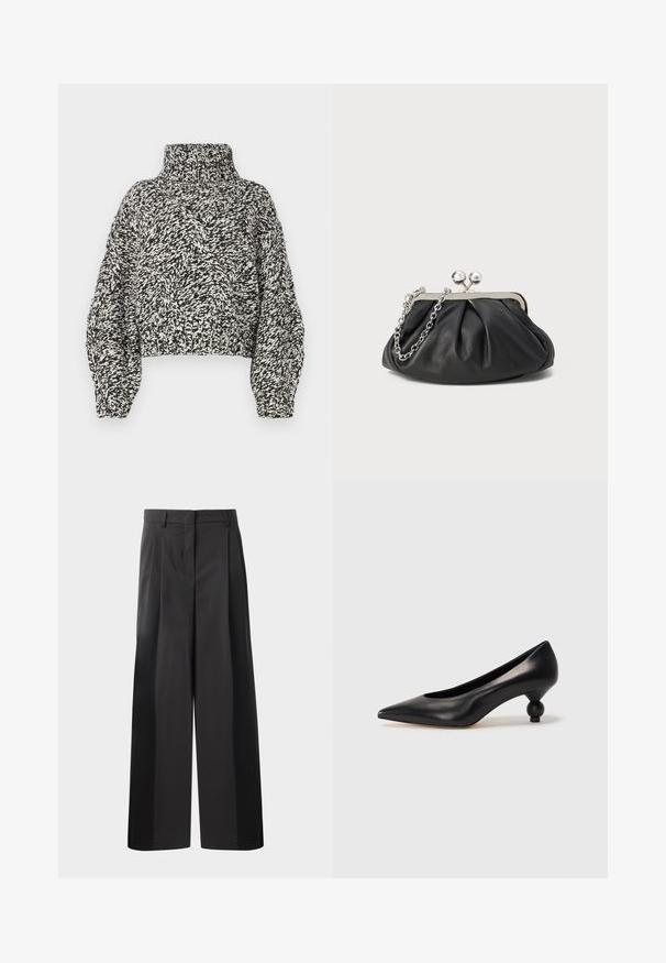 Suéter de cuello alto de ganchillo en blanco y negro, con un patrón texturizado en forma de diamante, longitud corta y puños y dobladillo acanalados.; Pantalones de pierna ancha negros con cintura alta, que presentan pliegues en la parte delantera, una textura suave y un acabado a medida. Diseñados para un ajuste relajado.; Zapato de tacón alto de cuero negro con puntera afilada y un tacón redondeado y abombado. Textura suave con un diseño elegante y minimalista.; Clutch de cuero negro con textura arrugada, marco de metal en tono plateado, cierre de beso y cadena para colgar. Superficie suave y lisa.
