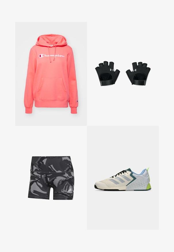 Felpa con cappuccio di colore corallo chiaro realizzata in misto cotone. Presenta una tasca a marsupio e il logo "Champion" bianco sulla parte anteriore. Polsini a costine.; Shorts atletici in camouflage nero e grigio con un design aderente, texture morbida e logo Adidas stampato in bianco sul lato destro inferiore.; Scarpe atletiche leggere con una tomaia in rete color crema, righe grigie, un accento verde e un tallone in textured blu. Lacci neri.; Guanti da allenamento neri senza dita con cinturino regolabile per il polso. Presentano una presa testurizzata e un logo in evidenza sul retro. Materiale resistente.