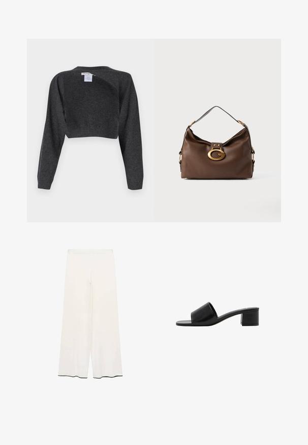 pure cashmere BOLERO TWO-WAY - Pullover - graphite; Pantalons larges en tissu crème avec une texture lisse. Dotés d'une taille épurée et d'un bord noir le long de l'ourlet pour le contraste.; Sandale à talon bloc en cuir noir, ouverte à l'avant, avec une large bride. Présente une texture lisse et un design minimaliste.; Sac à main en cuir marron avec une finition texturée, doté d'une fermeture en métal doré et d'une seule anse arrondie.