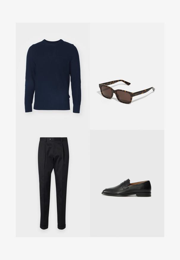 Tumedast sinine kudum-sviiter ümmarguse kaelusega, pikkade varrukatega, ribakraanide ja äärtega, millel on kogu pinnal tekstureeritud muster.; Mustad püksid siledast kangast, millel on ees voldid, nööbisuletus ja pahkluul keeratud varrukad.; Must musta loafers ümarate varvastega, peene tikandiga ja madala kontsaga, millel on sile tekstuur ja minimalistlik disain.; Gucci prillid ruudukujuliste, kilpkonnakoorest plastmassraamide ja pruunide läätsedega. Omavad diskreetset brändingut templitel.