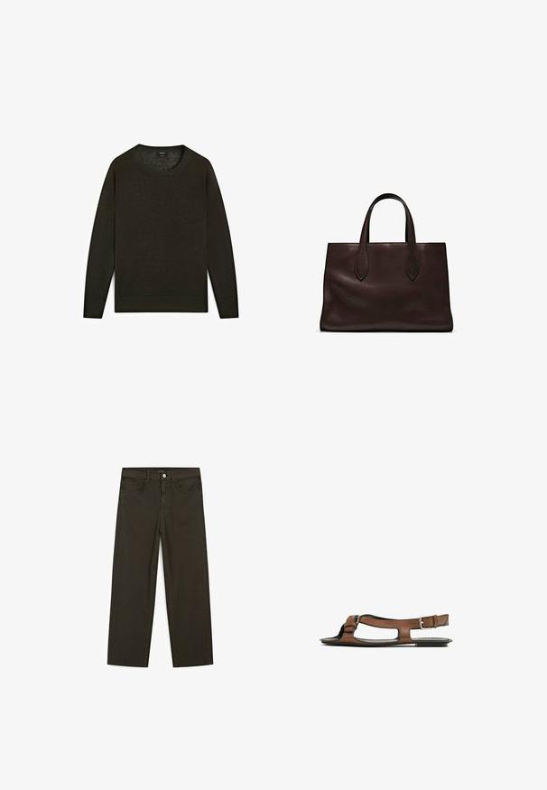 Dark green sweater made of soft material, featuring a round neckline, long sleeves, and a straight hem with ribbed accents.; Dark green wide-leg jeans made of cotton blend, featuring a front button closure, five pockets, and classic denim stitching.; Brown leather sandal with an open toe and side cutouts. Features an ankle strap with a metal buckle and a flat sole.; Brown leather tote bag with two elongated handles, structured rectangular shape, smooth texture, and subtle stitching details.