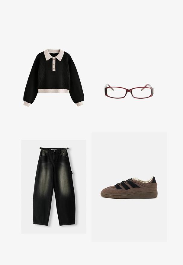 Maglione corto nero con design a treccia, dotato di colletto e polsini a coste color crema, patta con tre bottoni e tessuto testurizzato.; Pantaloni in denim neri larghi con una texture sbiadita, cinque tasche e un anello sulla vita. Il design presenta una vestibilità ampia e gambe dritte.; Sneaker in suede marrone con strisce in tessuto nero, parte superiore texturizzata, dettagli crema e suola in gomma. Decorati con un logo sul tallone.; Occhiali da sole rettangolari rossi con un design elegante. Lenti chiare, steli leggermente traslucidi e un effetto sfumato dal rosso al grigio.