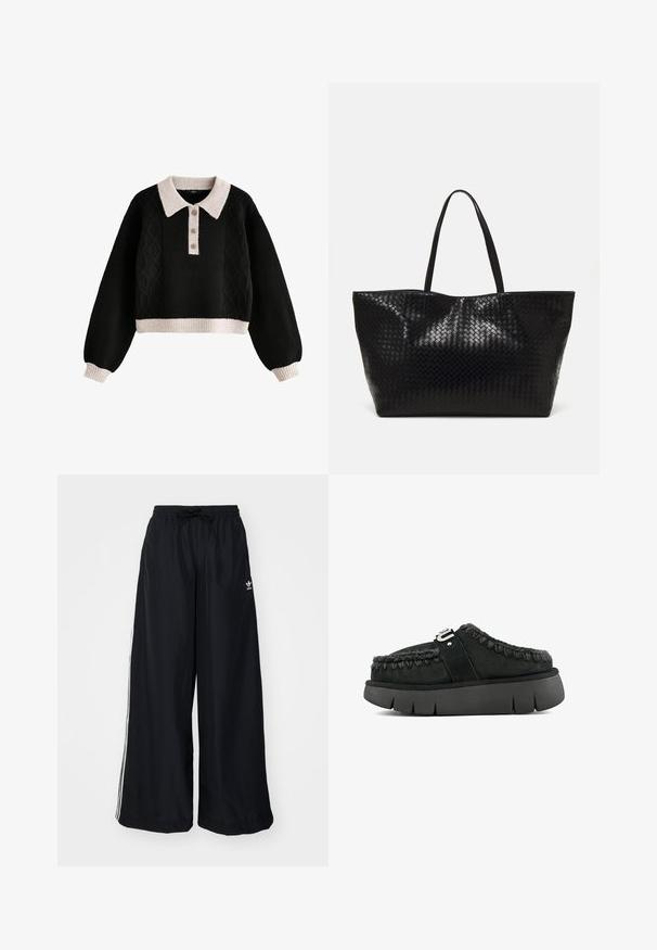 Sort cropped sweater med kabelstrikdesign, der har en ribbet cremesfarvet krave og manchetter, en tre-knaps lukning og tekstureret stof.; Sorte vide bukser lavet af letvægtsstof. Har en elastisk talje med snøre og hvide sidelister. Brandlogo på hoften.; Sorte ruskinds slip-on sko med pelskant, fletninger og en chunky sort sål. Har en mærkevarestrap over toppen.; Sort vævet tote bag med to robuste håndtag, der har en blank overflade og et rummeligt åbent top design.