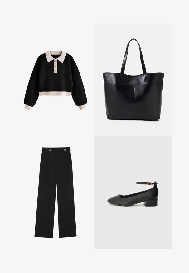 Maglione corto nero con design a treccia, dotato di colletto e polsini a coste color crema, patta con tre bottoni e tessuto testurizzato.; Pantaloni neri a gamba larga con vita alta, dettagli con bottoni in vita e pieghe frontali.; Pump in pelle nera con punta affusolata e tacco basso a blocco. Presenta una cinghia alla caviglia con una fibbia in tonalità oro. Texture liscia.; Borsa a tracolla in pelle nera con due manici lunghi, una texture liscia e una forma strutturata. Presenta una tasca frontale per ulteriore spazio di archiviazione.