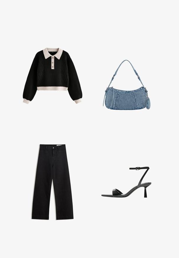 Fekete, rövidített pulóver, fonott mintázattal, bordázott krém színű gallérral és mandzsettákkal, három gombos záródással és textúrált anyaggal.; Fekete, bő szabású farmernadrág magas derékkal, elülső és hátsó zsebekkel, varrott felületekkel és gombos záródással. Sima textúra.; Bershka Magas sarkú szandálok - black; Farmer táska ívelt formával, világoskék színben, állítható vállpánttal és egy kis levehető tasakkal, fémes részletekkel.