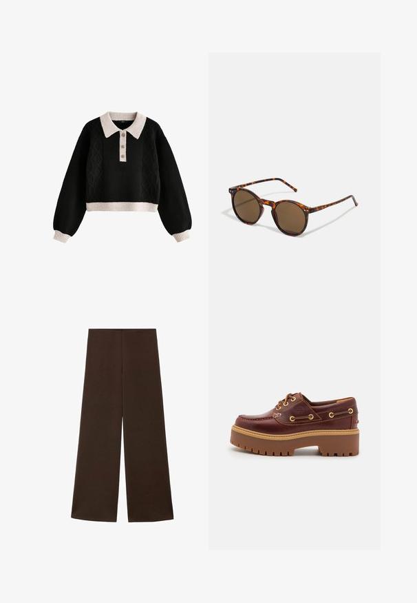 Svart kort tröja med kabelstickad design, med en ribbad krämfärgad krage och muddar, tre-knapps placket och strukturerad tyg.; Vida byxa gjord av ett slätt, mörkbrunt tyg. Har hög midja och en minimalistisk design utan utsmyckningar.; Brun läderskärgårdssko med en kraftig brun gummisula, guldfärgad ögla och kontrasterande sömmar. Har en logotyp på sidan.; Runda solglasögon med sköldpaddsmönstrat båge och bruna linser. Har tunna skalmar med lätt textur och metallaccenter nära linserna.