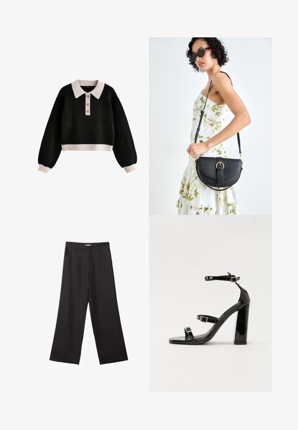 Schwarzer, verkürzter Pullover mit Kabelstrickmuster, ausgestattet mit einem gerippten cremefarbenen Kragen und Bündchen, einer Drei-Knopf-Leiste und strukturiertem Stoff.; Schwarze weite Hosen aus glattem Stoff, mit einem Reißverschluss vorne und zwei seitlichen Taschen, maßgeschneiderter Passform und minimalistischem Design.; Schwarze patentierte Sandalen mit Absatz, quadratischer Spitze, Knöchelriemen und silbernen Schnallen. Mit einem stabilen Blockabsatz für mehr Stabilität.; Schwarze Lederhandtasche mit geschwungener Form, abnehmbarem Tragegurt und goldenen Beschlägen. Die Tasche verfügt über einen Deckel mit einer Schnallen-Details.