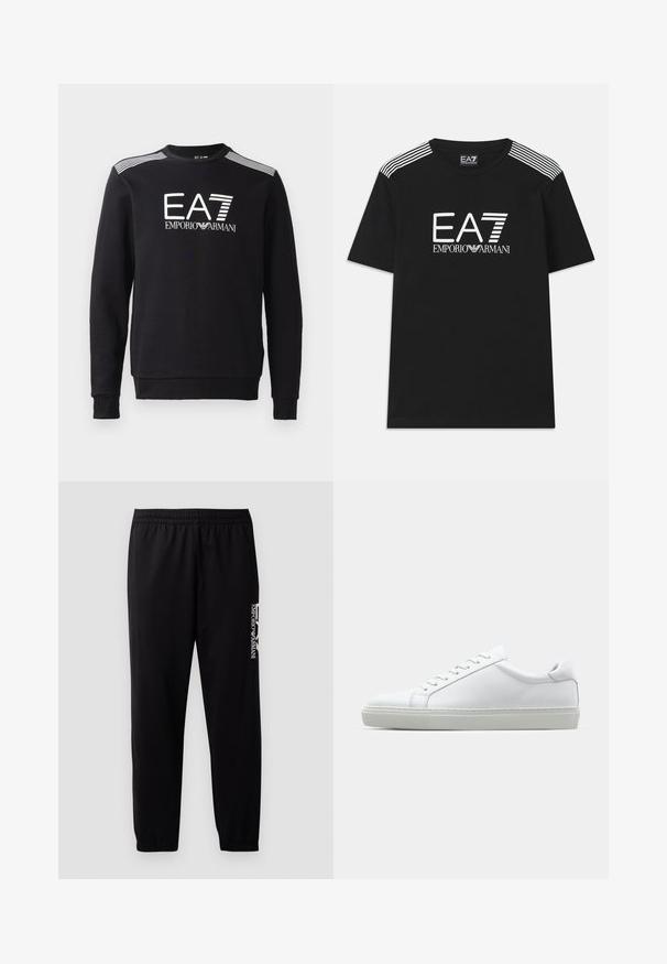 Svart sweatshirt laget av bomull, med rund hals, lange ermer, hvit EA7-logo og striper over skuldrene.; Svart bomull t-skjorte med hvit EA7-logo og teksten 'Emporio Armani'. Tre hvite striper på skuldrene forbedrer designet.; Sorte treningsbukser laget av glatt stoff, med elastisk midjebånd og mansjetter, samt en kontrasterende logo trykket på siden.; Hvit sneakers med en glatt skinnoverdel og lav profil. Har en rund tå, seks snøring hull, og en teksturert gummisåle.