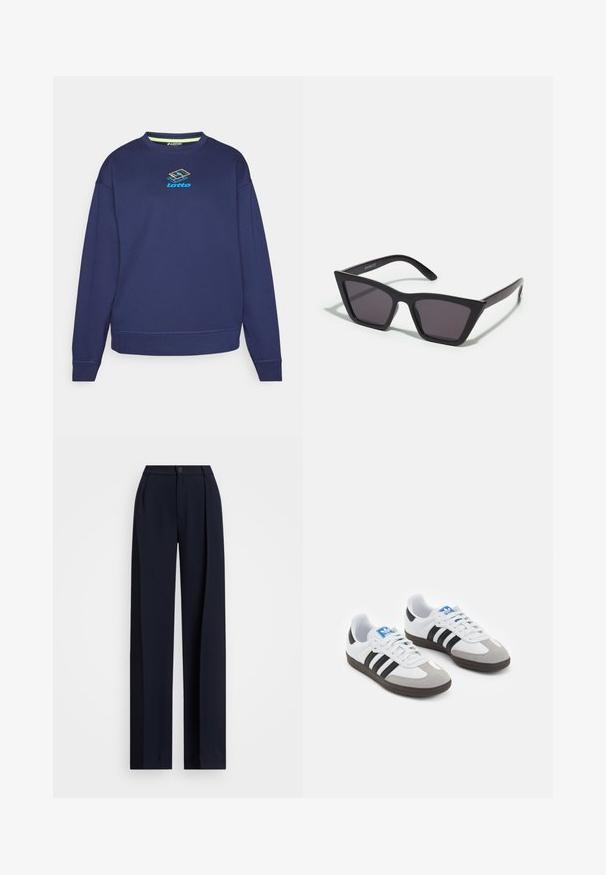 Sweatshirt azul marinho feito de mistura de algodão, apresentando um decote redondo, mangas longas e um logótipo multicolorido da Lotto ao centro.; Calças largas em azul-marinho com pregas, fecho de botão e uma textura de tecido suave. Projetadas para um ajuste solto e confortável.; Ténis desportivos com um cabedal em pele branca, biqueira em camurça cinza e três riscas pretas. Apresenta um logo azul na língua e uma sola de borracha texturizada.; Óculos de sol pretos, angulares, com lentes cinzas; feitos de plástico, apresentando hastes grossas com uma superfície lisa e sem hardware visível.