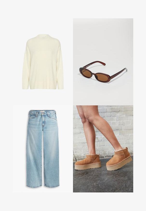 Maglione di colore crema realizzato in un morbido e soffice tessuto. Presenta un collo rotondo, maniche lunghe e polsini e orlo a coste per una maggiore texture.; Jeans ampi di colore blu chiaro realizzati in denim, con vita alta, chiusura a bottoni e orlo sfilacciato. Cuciture e tasche visibili.; Stivali alla caviglia in suede marrone con una fodera morbida, suola platform spessa beige e un'asola posteriore. Superficie testurizzata con dettagli di cucitura ben visibili.; Occhiali da sole rotondi con tonalità marrone, montatura lucida color bordeaux. Aste sottili con un sottile dettaglio del marchio. Design delle lenti piatte.