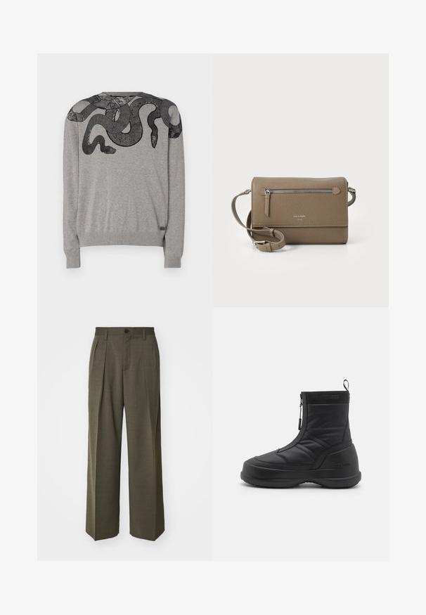 Maglione grigio a maglia con un design di serpente nero. Il maglione ha maniche lunghe, polsini e orlo a coste, con dettagli intricati sul motivo del serpente.; Filippa K WIDE TROUSERS - Pantaloni - driftwood; Stivale da neve impermeabile nero con tomaia sintetica liscia, chiusura con zip, collo imbottito e suola in gomma testurizzata. Contrassegnato dal marchio "MOON BOOT".; Borsa a tracolla in pelle taupe con tasca anteriore con cerniera, tracolla regolabile, texture a granuli e logo embossato sulla parte anteriore.