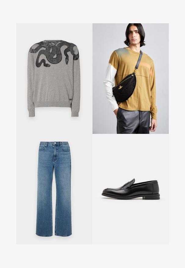 Maglione grigio a maglia con un design di serpente nero. Il maglione ha maniche lunghe, polsini e orlo a coste, con dettagli intricati sul motivo del serpente.; Jeans a gamba larga blu in denim con una finitura sbiadita. Presentano cinque tasche, una chiusura con bottone frontale e una vestibilità dritta.; Mocassini neri in pelle con una texture liscia, punta arrotondata e una striscia decorativa sulla tomaia. Tacco basso impilato, design minimalista.; Vivienne Westwood CITY BUMBAG UNISEX - Marsupio - black