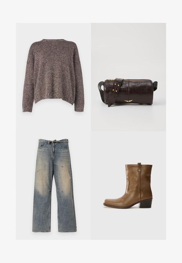 WEEKEND MaxMara MOXA - Striktrøje - testa moro; Lysblå denimjeans med et løst, lige ben-design. Har slidte, falmede og beskadigede detaljer nær knæene. Klassisk fem-lomme stil.; Brun læder ankelstøvle med firkantet tå, tekstureret overflade og en lav stablet hæl. Har en bageste hælflap og subtile syningsdetaljer.; Brun krokodilleder taske med cylindrisk form, hardware i guld-tone, og en aftagelig rem med nitter.