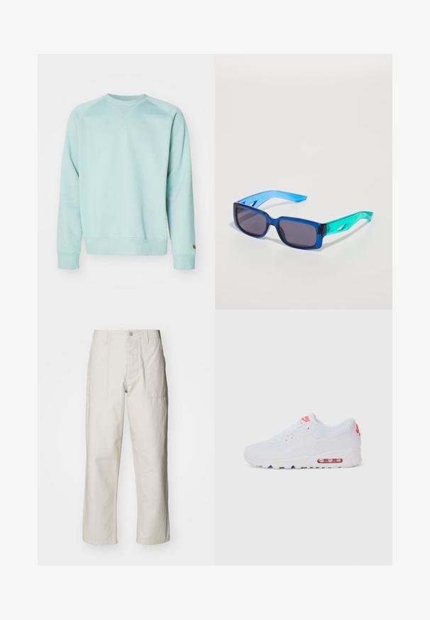 Light blue sweatshirt with a crew neckline and ribbed cuffs. Designed with a relaxed fit and featuring a small logo detail on the sleeve.; Light beige wide-leg pants made of cotton. Features front pockets and a button closure. Smooth texture with subtle vertical lines.; White athletic sneaker featuring a smooth upper, lace closure, cushioned sole, and a visible air unit with red accents on the branding.; Blue and green sunglasses with rectangular lenses; transparent frames; textured blue arms; dark lenses; notable branding on the side.