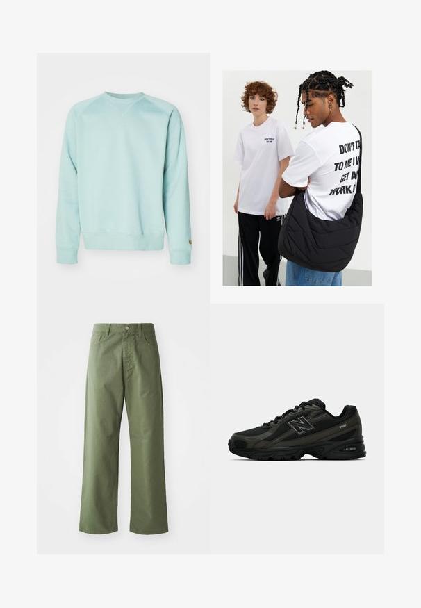 Felpa azzurra chiara con scollatura a girocollo e polsini a costine. Progettata con una vestibilità comoda e caratterizzata da un piccolo logo sul maniche.; Pantaloni larghi verde oliva realizzati in cotone. Presentano passanti per cintura, chiusura con bottone frontale e tasche laterali. Texture liscia.; Scarpe sportive nere con una tomaia in sintetico testurizzato, dotate di una suola imbottita e un prominente logo "N" sul lato. Il design include sezioni in rete leggera.; Borsa a spalla nera trapuntata con una texture morbida, indossata da una persona con una maglietta grafica bianca con testo in grassetto. Outfit casual con jeans.