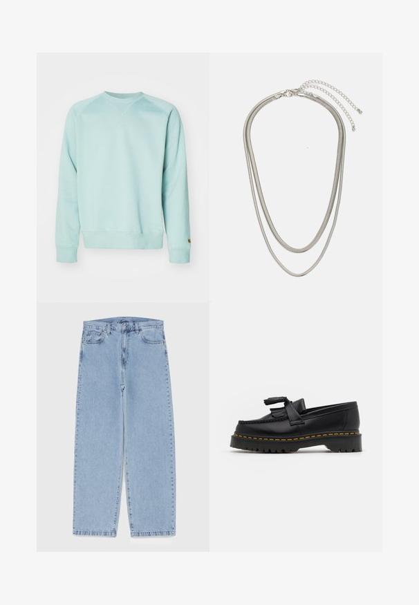 Light blue sweatshirt with a crew neckline and ribbed cuffs. Designed with a relaxed fit and featuring a small logo detail on the sleeve.; Light blue denim jeans with straight leg design, featuring a mid-rise waist, five pockets, and a button and zipper closure.; Black leather loafer with a tasseled accent, featuring a chunky black sole and yellow stitching along the edge. Textured finish.; Three-layered silver metal necklace featuring sleek, flexible chains with a slight sheen, secured with a lobster clasp and adjustable chain.