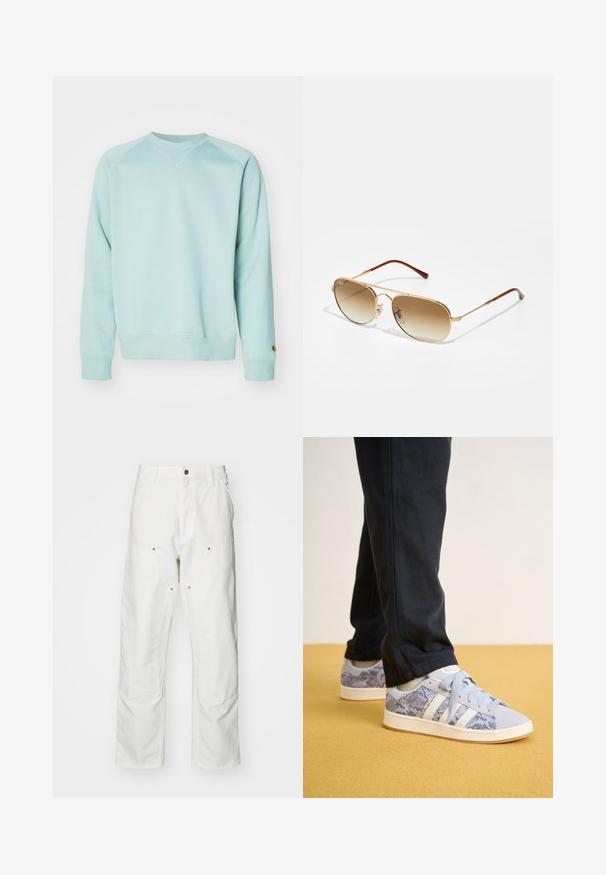 Svetle modrý svetr s kulatým výstřihem a žebrovanými manžetami. Navržen s volným střihem a se vstupním logem na rukávu.; Bílé bavlněné cargo kalhoty s volným střihem. Vlastnosti zahrnují přední kapsy, zlaté kovové detaily a zpevněné oblasti na kolenou.; Světle modré tenisky s hadím vzorem, zdobené bílými pruhy a tkaničkami, na žluté podlaze.; Zlaté pilotní sluneční brýle s gradientovými hnědými skly, kovovým rámem a hnědými plastovými koncovkami. Hladký povrch, minimální detaily kovových prvků.