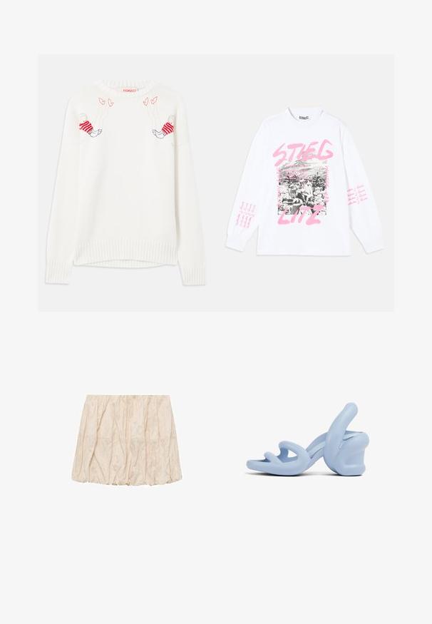 Maglione bianco lavorato a maglia con figure ricamate in rosso e blu. Collo a giro, polsini e orlo a costine. Texture morbida, vestibilità comoda.; T-shirt bianca a maniche lunghe con stampa grafica che presenta immagini in bianco e nero e testo rosa, compreso "STIEGLITZ" e frasi ripetute sulle maniche.; Gonna arricciata beige chiaro con vita elastica, realizzata in un morbido tessuto testurizzato e caratterizzata da una silhouette rilassata e svasata. Senza motivi o accenti visibili.; Sandali con tacco di colore azzurro chiaro, realizzati in gomma liscia, caratterizzati da un design scultoreo con cinghie ondulate e un tacco spesso.