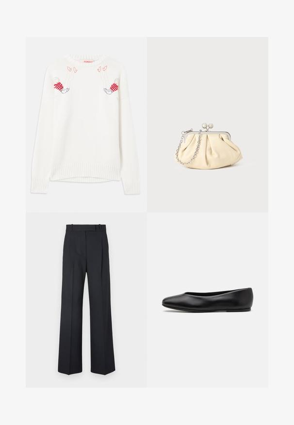 Bijela pletena majica s izvezenim figuricama u crvenoj i plavoj boji. Okrugli izrez, rebrasti manžeti i rub. Mekana tekstura, opušteni kroj.; Tamno plave prugaste hlače visokog struka, širokih nogavica, bez vidljive opreme ili ukrasa. Glatka tekstura i kroj prilagođen tijelu.; Paul Smith TOPANGA - Balerinke - black; Nabrana bež kožna torbica s srebrnim metalnim okvirom, koja sadrži dva okrugla dekorativna kopčanja i srebrnu lančanu naramenicu.