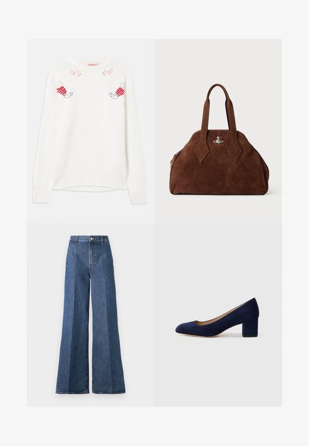 White knitted sweater featuring embroidered figures in red and blue. Crew neck, ribbed cuffs and hem. Soft texture, relaxed fit.; Wide-leg blue denim jeans with a high waist, featuring classic five-pocket styling and a button closure, made from textured cotton fabric.; Navy blue suede pump with a pointed toe and a mid-height block heel. Smooth texture with a subtle sheen and a small cutout at the front.; Brown suede handbag with a structured shape, rounded body, and elongated diamond-shaped handles. Features a silver hardware closure.