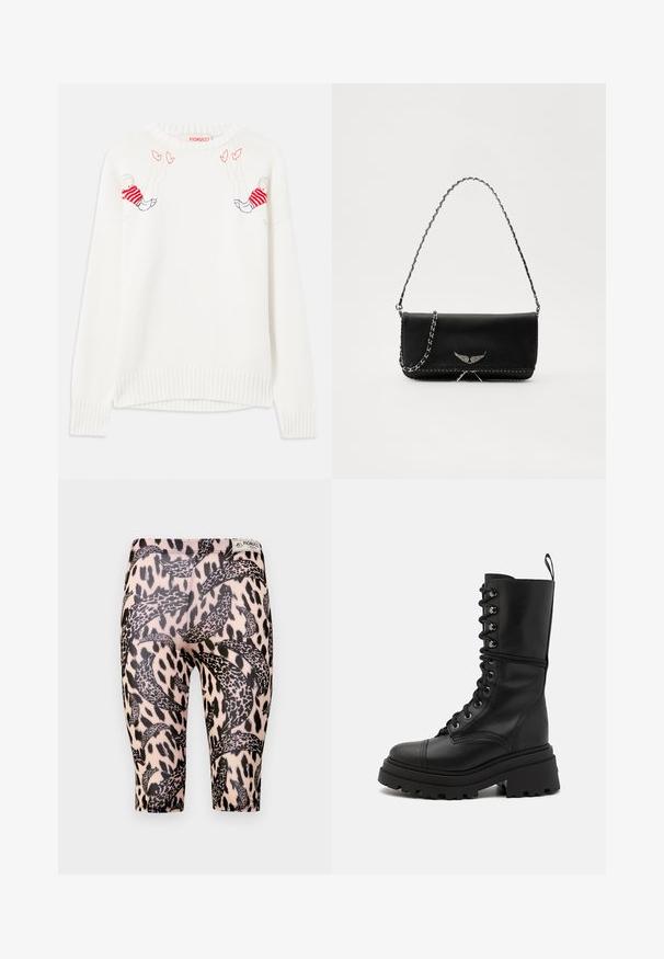 Valge kudumisel särk, millel on punased ja sinised tikitud figuurid. Ümar kaelus, soonikkoes varrukas ja ääred. Pehme tekstuur, lõdvestatud lõige.; Must mustriga ja beeži värvi retuusid, millel on leopardimustriga kujundus ja kõverad mustrid. Valmistatud elastsete materjalide leidmiseks, mis tagavad mugavuse ja hea istuvuse.; Mustad mustad nahast kingad, millel on paksu lukuga tald, kõrge varre ja tekstureeritud pind, metallist aasad ja tõmbeulatus.; Mustvalge nahk käekott hõbedase ahelsanga ja dekoratiivsete tiivaaktsentidega, samuti valgete õmblustega alumises ühenduses.