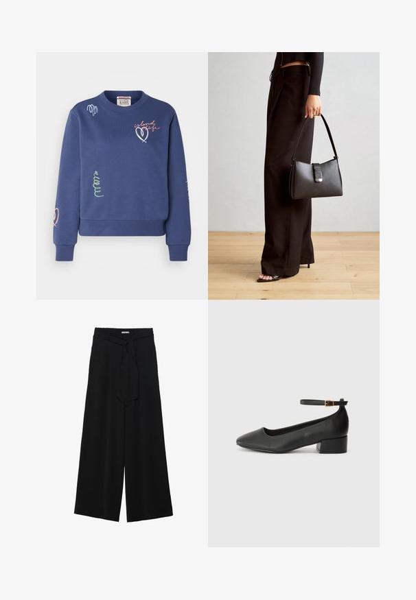 Tumedat sinine puuvillane sviiter laia lõikega. Sellel on värvikad tikandid, sealhulgas süda ja stiliseeritud tekst.; Mustad laiad püksid, millel on tekstureeritud kangas, elastne vöökoht ja eemaldatav pael vööst, et reguleerida sobivust.; Must mustaapp, millel on terav nina ja madal blokk-kand. Omab pahkluu rihma koos kuldse tooni pandlaga. Sile tekstuur.; Must musta kott, millel on struktureeritud kuju, sile tekstuur ja metallist klamber. Kombineeritud laiate mustade pükstega ja avatud varvaste sandaalidega puidust põrandal.