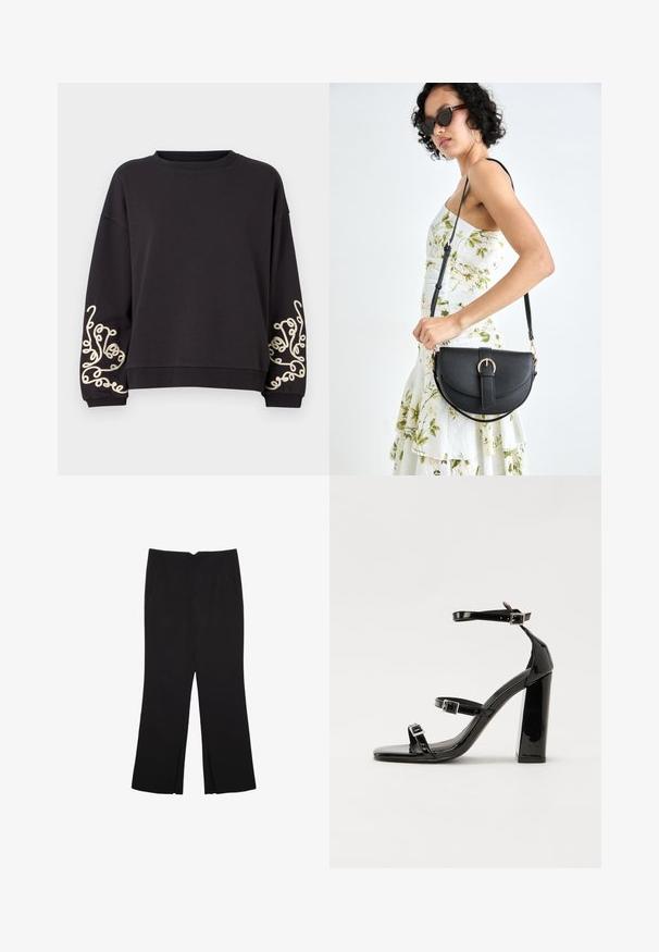 Crna dukserica s dugim rukavima i zaobljenim izrezom. Ima složenu kremastu aplikaciju na oba rukava. Mekana tekstura tkanine.; Crne hlače ravnog kroja, s prednjim džepovima i bočnim prorezima na rubu. Izrađene od mekog i glatkog materijala. Pogodne za razne prigode.; Crne lakirane sandale na pete sa kvadratnim nosom, trakama oko gležnja i srebrnim kopčama. Imaju čvrst blok petu za stabilnost.; Crna kožna torba s lukovitim oblikom, odvojivim remenom i zlatnim detaljima. Torba ima preklop s kopčom.