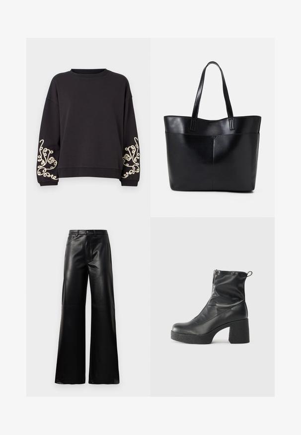 Fekete, hosszú ujjú pulóver, kerek nyakkivágással. Mindkét mandzsettán bonyolult krémszínű hímzés található. Puha, texturált anyag.; Fekete, magas derekú, széles lábú, műbőr nadrág elülső gombbal, cipzárral, övbújtatókkal és oldalsó zsebekkel, fehér háttérrel.; Fekete bokacsizmák sima bőrből, oldalsó cipzárral, vastag, texturált sarkú és lekerekített orrú dizájnnal.; Fekete bőr bevásárlótáska két hosszú fogantyúval, sima felülettel és strukturált formával. Elülső zseb található rajta a plusz tárolás érdekében.