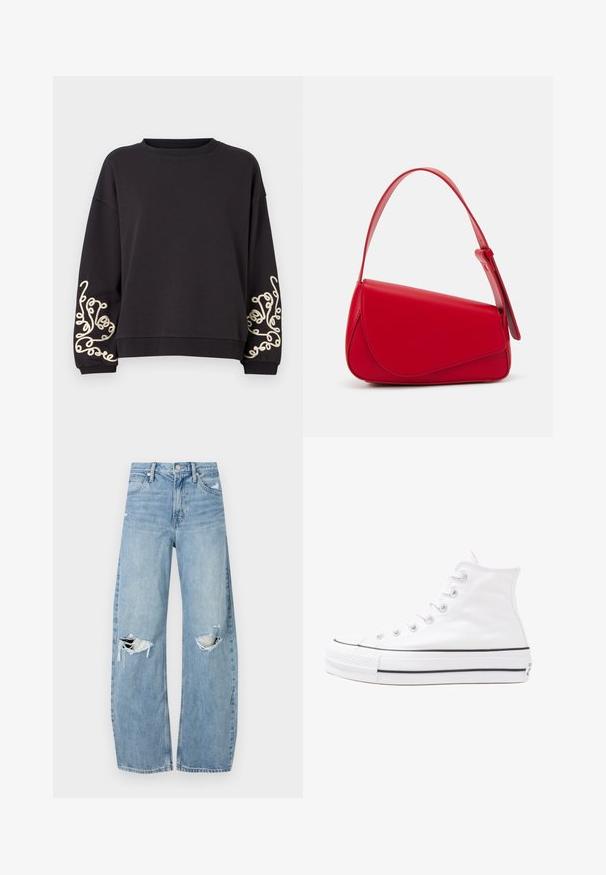 Sweatshirt preto com mangas longas e gola arredondada. Apresenta um intricado bordado em creme em ambos os punhos. Textura de tecido suave.; Jeans de lavagem clara, de cintura alta, feitos de denim. Apresentam pernas largas, duas áreas rasgadas nos joelhos e o estilo clássico de cinco bolsos.; Sapatilha alta de tela branca com sola de borracha preta, bico de borracha na frente e seis ilhós para os atacadores, apresentando um design limpo e minimalista.; Bolsa de mão em couro vermelho com um design angular e geométrico. Apresenta uma única alça ajustável e um fecho com aba, com detalhes cosidos.