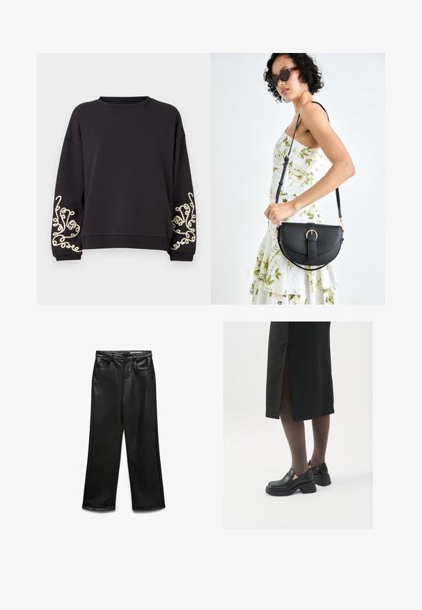 Crna dukserica s dugim rukavima i zaobljenim izrezom. Ima složenu kremastu aplikaciju na oba rukava. Mekana tekstura tkanine.; Crne široke hlače od umjetne kože s prednjim džepovima, petljama za remen i suptilnim sjajem. Glatka tekstura i krojena kroj.; Crne kožne cipele s zaobljenim vrhom, debelim blok petama i elastičnim bočnim detaljima, uparene s tamnim čarapama i crnom suknjom s prorezom.; Crna kožna torba s lukovitim oblikom, odvojivim remenom i zlatnim detaljima. Torba ima preklop s kopčom.