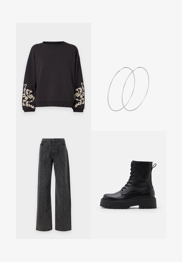 Svart sweatshirt med långa ärmar och rundad krage. Har intrikata cremfärgade broderier på båda muddarna. Mjuk tygtextur.; Noisy May NMJANNEL LOOSE - Jeans relaxed fit - black denim; Svarta läderankelboots med rund tå, snörning framtill och en tjock gummisula med strukturerat mönster. Dragflik bak.; Silverfärgade hoopörhängen med en minimalistisk design. Cirkulär form, slät yta och tunn profil. Lätta med en polerad finish.