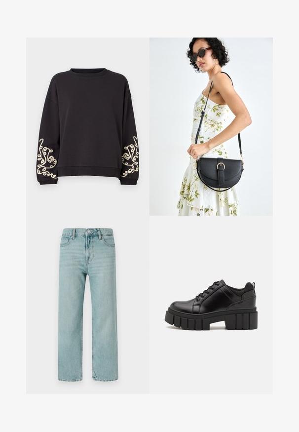 Black sweatshirt with long sleeves and a rounded neckline. Features intricate cream embroidery on both cuffs. Soft fabric texture.; Light blue wide-leg jeans made from denim, featuring a classic five-pocket design, clean lines, and a regular waistband with a button closure.; Black leather platform shoes with a chunky block heel, round toe, and traditional lace-up design. Features smooth texture and minimal detailing.; Black leather handbag with a curved shape, detachable strap, and gold hardware. The bag features a flap with a buckle detail.