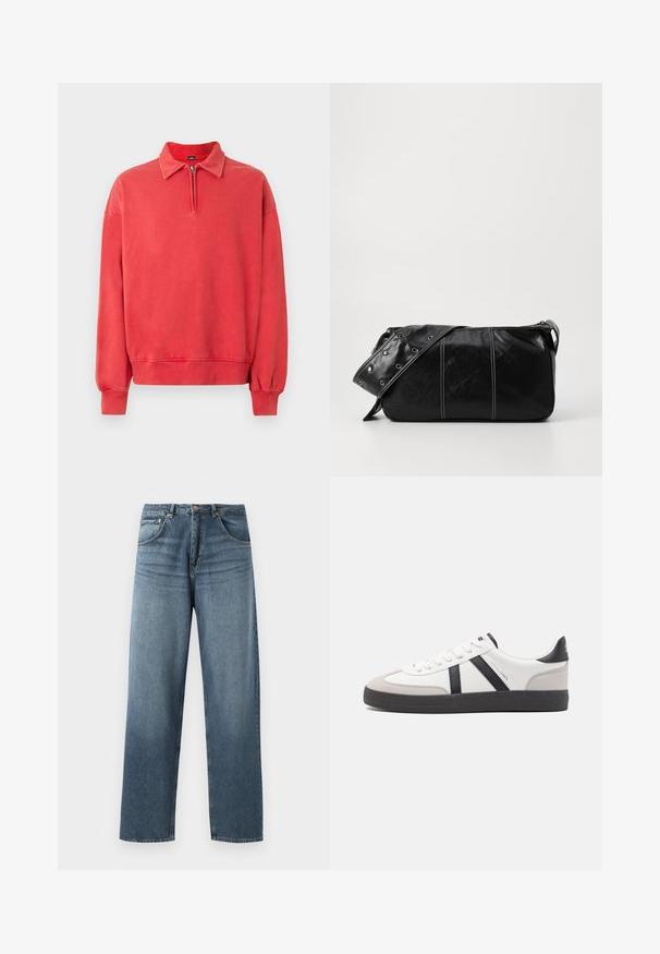 Red fleece sweatshirt with a collar, half-zipper, and elastic cuffs. Soft texture and relaxed fit, featuring a ribbed hem.; Straight-leg blue denim jeans with a faded wash, featuring five-pocket design, metal button, and belt loops. Structured, medium-weight fabric.; White sneaker with black and gray accents, featuring a textured gray toe cap, black rubber sole, and flat white laces. Clean design, minimalist style.; Black leather shoulder bag with a zip closure, featuring a textured body, white stitching, and a strap with silver grommets.