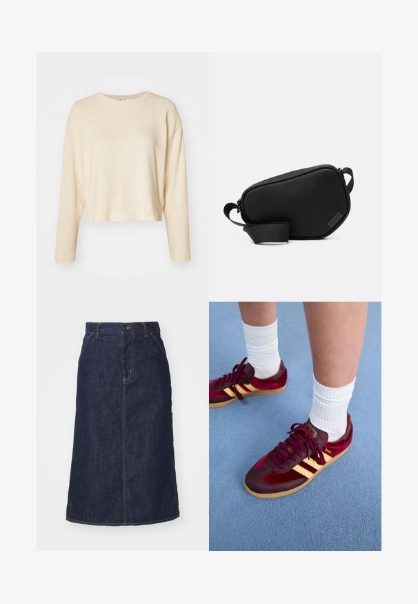 Cream-colored cropped sweater with long sleeves, made of textured fabric. Features a small, subtle logo on the chest and a crew neckline.; Dark denim skirt with a high waist, straight cut, front pockets, and stitched seams. Features a zip and button closure at the waist.; Maroon suede and leather sneakers with yellow stripes and gum sole. White ribbed socks visible above ankle, set on a blue textured surface.; Black, zippered crossbody bag made of smooth material, featuring a flat shape, a single strap, and a small logo accent. Minimalist design.; Four pairs of silver earrings: two shiny smooth hoop designs, one textured, and one covered in small clear rhinestones.
