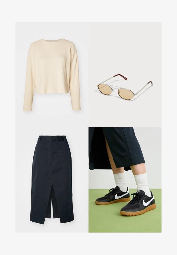 Cream-colored cropped sweater with long sleeves, made of textured fabric. Features a small, subtle logo on the chest and a crew neckline.; Dark navy midi skirt made of cotton blend fabric, featuring a front slit, concealed zipper, and side pockets for functionality.; Black leather and synthetic sneakers with white Nike swoosh, rubber gum sole, round toe, and black laces. Ribbed white socks visible.; Metal sunglasses with oval, light brown tinted lenses. Slim silver frame with textured accents and reddish-brown tips on the arms.