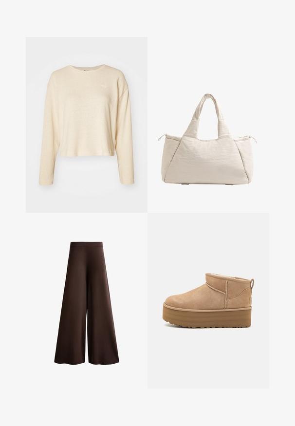 Kermanvärinen lyhyt neulepusero pitkillä hihoilla, valmistettu tekstuurista kankaasta. Sisältää pienen, huomaamattoman logon rinnassa ja pyöreän kaula-aukon.; Ruske leve široke hlače iz mehkega materiala, z visokim pasom, subtilno teksturo in fluidno silhueto brez vidnih zapiranj ali okraskov.; Beige mokasiinit nilkkakengät, joissa on pehmeä sisus, alustalla ja takana vetoluukku, joka helpottaa pukemista. Pintakuvioitu kumipohja.; Beige kera laukku, jossa on kaksi kahvaa, pyöreä muoto, tekstuurinen kangas ja nyörivuori-tasku sivulla. Sujuva viimeistely, minimalinen muotoilu.