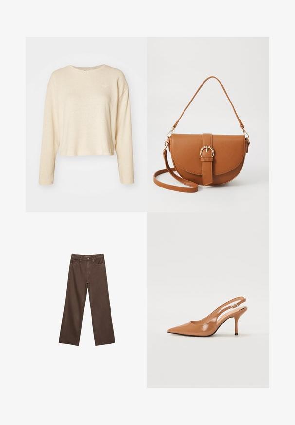 Kremowy krótki sweter z długimi rękawami, wykonany z teksturowanej tkaniny. Posiada małe, subtelne logo na klatce piersiowej oraz okrągły dekolt.; Szerokie brązowe dżinsy wykonane z denimu, z wysokim stanem, przednimi kieszeniami i klasycznym zapięciem na guzik. Gładka faktura z subtelnym przeszyciem.; Sandały na obcasie z kwadratowym noskiem, wykonane z gładkiego, błyszczącego materiału w kolorze brązowym. Charakteryzują się zaokrąglonym wycięciem i smukłym obcasem typu stiletto. Detal w postaci srebrnej klamry.; Brązowa skórzana torba na ramię o zaokrąglonym kształcie, ze złotymi akcentami i zapięciem w formie klamry. Posiada odpinany pasek na ramię.